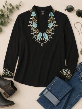 Cabo Women’s Large Black Embroidered Floral Long Sleeve Top Rayon Blend Boho